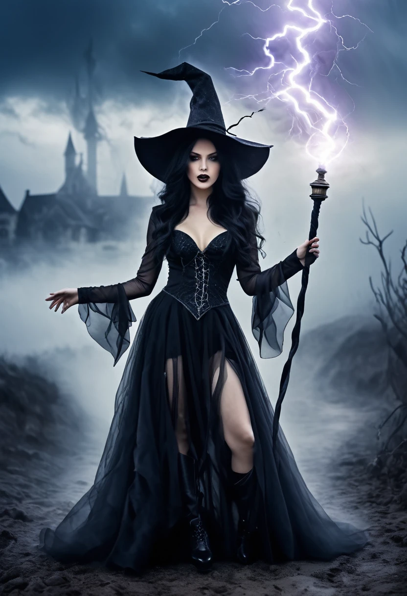 Venus bewitched, dark gothic style, misty foggy  blurry background, handling magic rod, high witch hat, long wavy black hair, wind blowing, lightning strike. HD, surrealism, thrilled scene