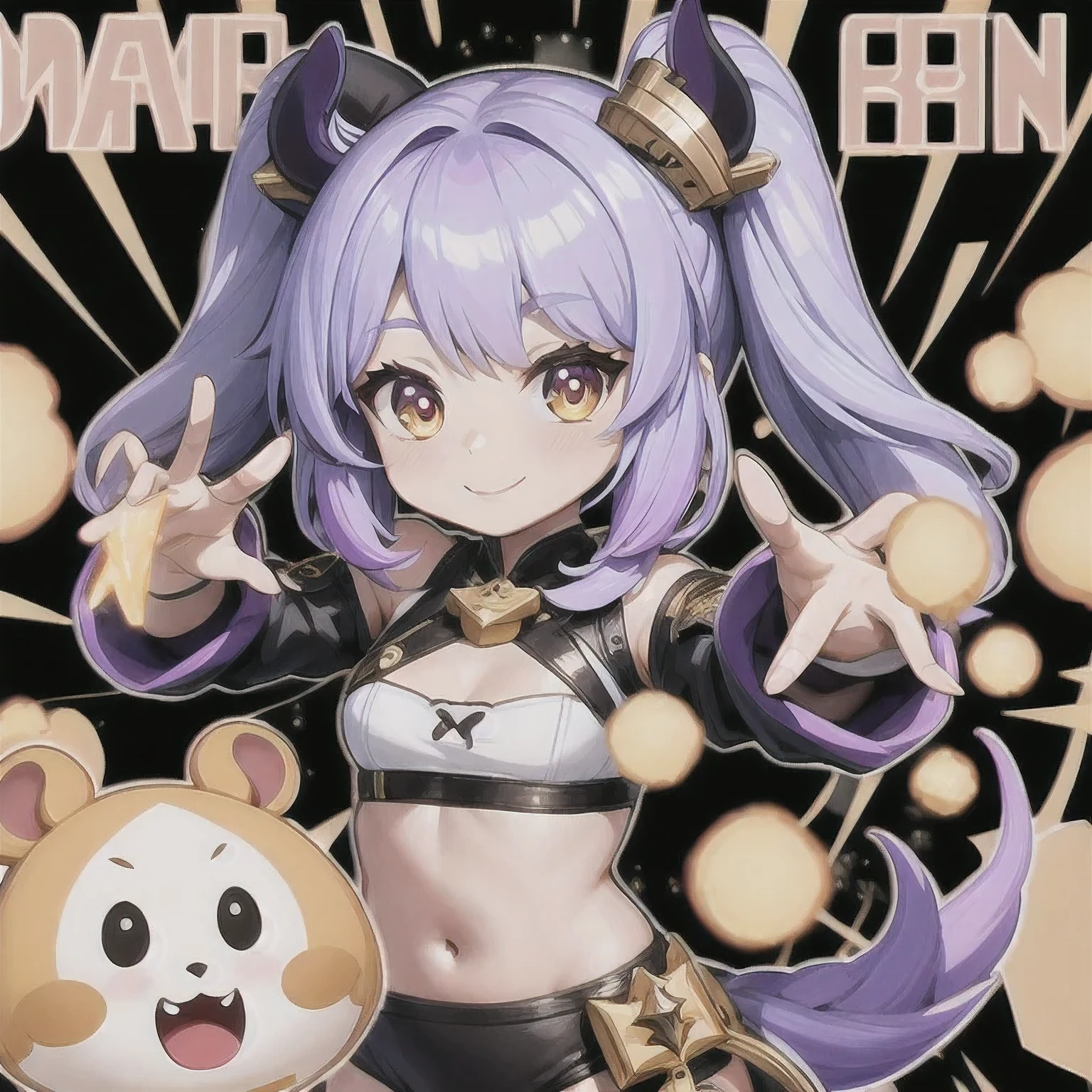 a cartoon image of a girl with a purple hair and a black top, kda, character art of maple story, advanced digital chibi art, arcane art style, 2 d sprite, genshin impact character, official character art, chibi monster girl, chibi, , noire, ayaka genshin impact, maplestory mouse, hero 2 d fanart artsation，a cartoon image of a girl with a purple hair and a purple outfit, , chibi, kda, twitch emote, chibi monster girl, [[[[grinning evily]]]], 2 d sprite, of a ramlethal valentine, holding a pudica pose, melty, cute cyber gods, advanced digital chibi art