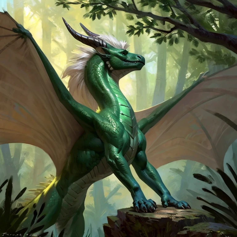 Detailed painting, by Taran Fiddler, solo, dragon, full body, feral, forest, dragoness, gentle, shimmering green scales, slender body, ((long snout)), curved horns, long flat white mane, wings, deep green eyes