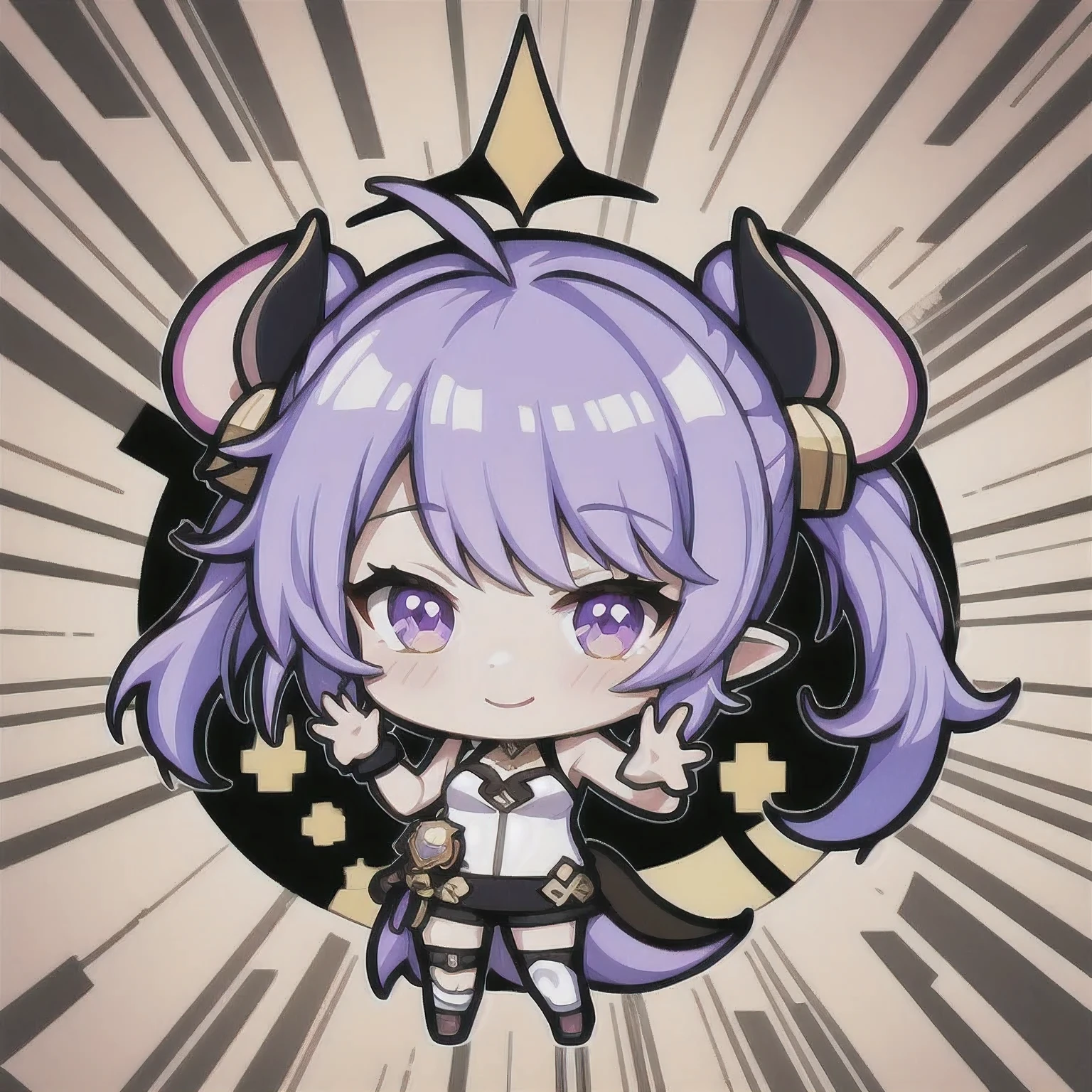 a cartoon image of a girl with a purple hair and a black top, kda, character art of maple story, advanced digital chibi art, arcane art style, 2 d sprite, genshin impact character, official character art, chibi monster girl, chibi, , noire, ayaka genshin impact, maplestory mouse, hero 2 d fanart artsation，a cartoon image of a girl with a purple hair and a purple outfit, , chibi, kda, twitch emote, chibi monster girl, [[[[grinning evily]]]], 2 d sprite, of a ramlethal valentine, holding a pudica pose, melty, cute cyber gods, advanced digital chibi art