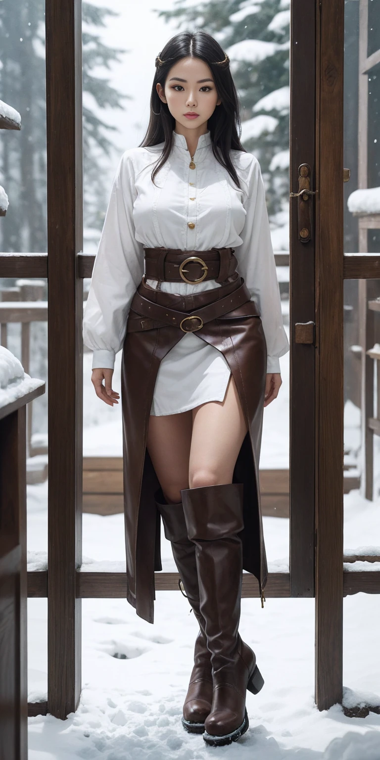 full body standing straight symmetrical, FEMALE warrior princess, big belt around waist, hair, very white skin like snow, wearing full HERBALIST CLOTHES, brown leather boots, HERBALIST outfit, MILF bimbo