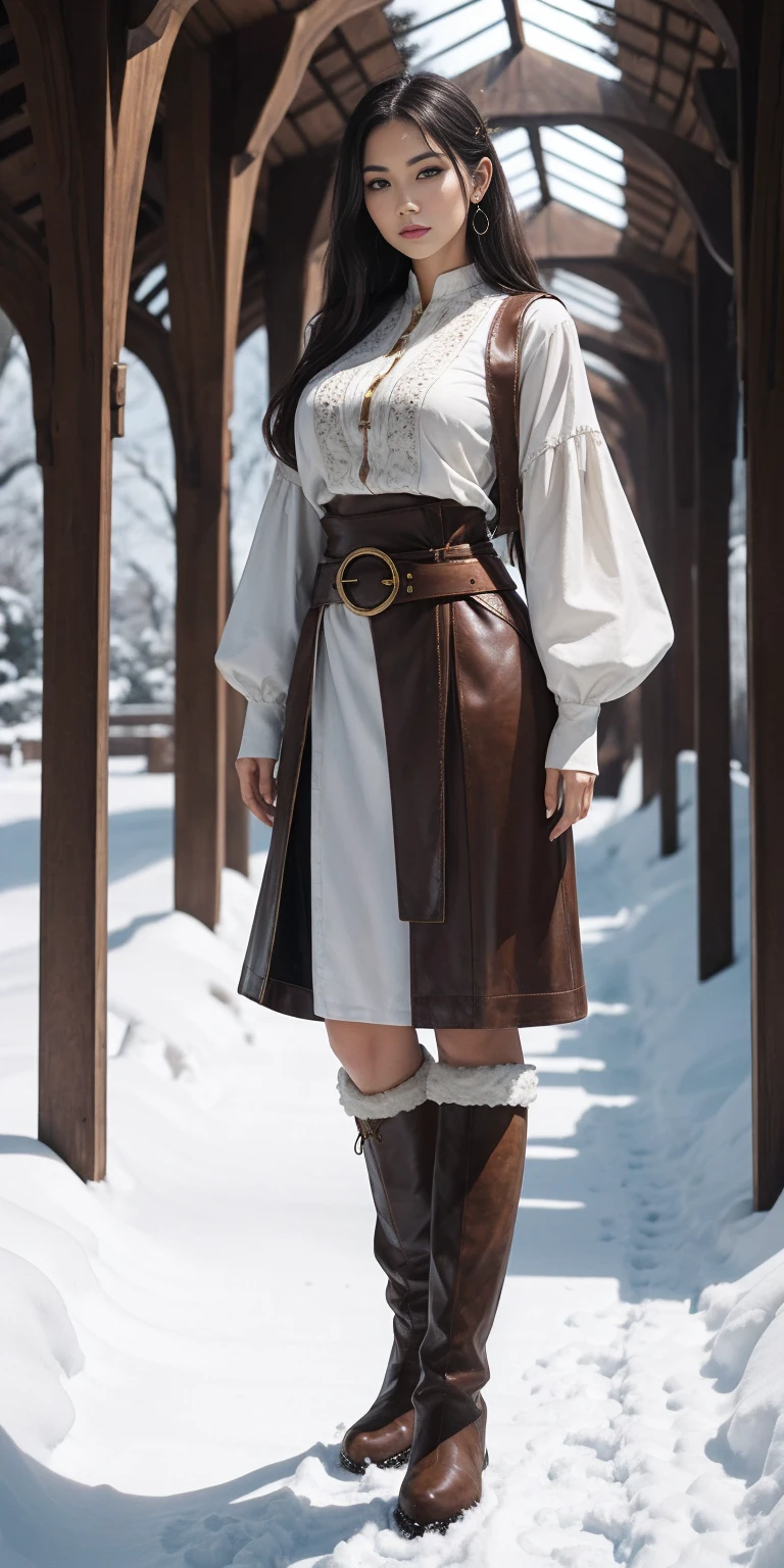 full body standing straight symmetrical, FEMALE warrior princess, big belt around waist, hair, very white skin like snow, wearing full HERBALIST CLOTHES, brown leather boots, HERBALIST outfit, MILF bimbo