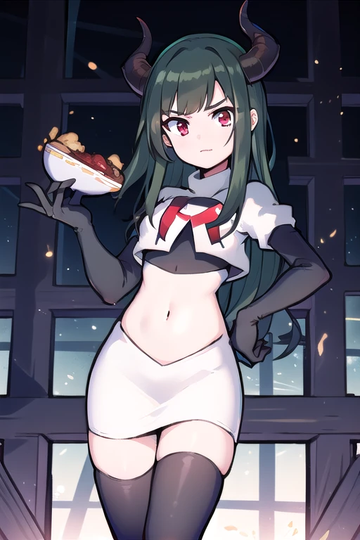 masterpiece, 1girl, simmer, green skin, colored skin, green hair, red eyes, horns, team rocket,team rocket uniform,white skirt,red letter R,crop top,black thigh-highs,black elbow gloves