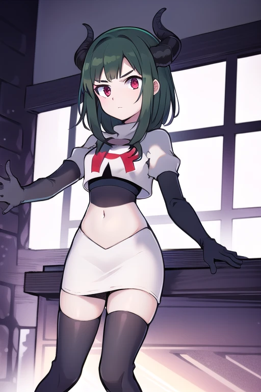 masterpiece, 1girl, simmer, green skin, colored skin, green hair, red eyes, horns, team rocket,team rocket uniform,white skirt,red letter R,crop top,black thigh-highs,black elbow gloves