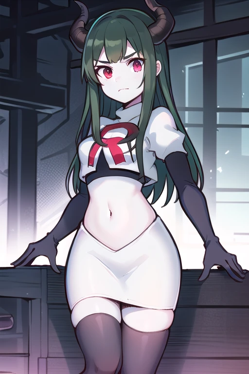 masterpiece, 1girl, simmer, green skin, colored skin, green hair, red eyes, horns, team rocket,team rocket uniform,white skirt,red letter R,crop top,black thigh-highs,black elbow gloves