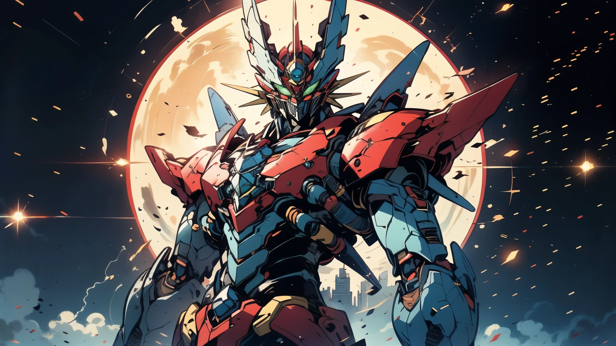 A man wearing a full-face helmet, a fantasy-style biotech armored combat suit, green eyes, (a composite layered chest armor), fully enclosed shoulder guards, matching arm and leg guards, the belt is adorned with Z mark, (the color scheme is primarily white with red and blue accents), the design balances heavy with agility, a high-tech bio-mecha armor, (Armor Concept Inspired by Mazinger Z, stand on the top of a skyscraper in a futuristic sci-fi city), this character embodies a finely crafted fantasy-surreal style armored hero in anime style, exquisite and mature manga art style, (battle damage, element, plasma, energy, the armor glows), ((male:1.5)), metallic, real texture material, dramatic, high definition, best quality, highres, ultra-detailed, ultra-fine painting, extremely delicate, professional, perfect body proportions, golden ratio, anatomically correct, symmetrical face, extremely detailed eyes and face, high quality eyes, creativity, RAW photo, UHD, 32k, Natural light, cinematic lighting, masterpiece-anatomy-perfect, masterpiece:1.5