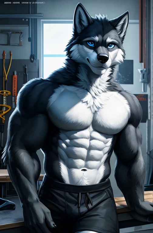 , (((A furry character wolf thats mostly gray with some black fur on his back and legs with a white torso his head has black and white fur and has dog/wolf like ears which has black fur on it
And his tail is a combination of black white and gray fur With blue eye
With blue eyes wearing black shorts and white t-shirt abs ,anthro ,belly ,big muscles,))) , big chest, day, sexy, sensual, detailed, uploaded to e621, beautiful and detailed portrait of an anthropomorphic , (((male))) uploaded to e621, zaush, foxovh, movie lighting, , thicc, alone, muscles, muscular build, movie cover, movies poster, in a garage on top of a workshop bench table, laying down on it