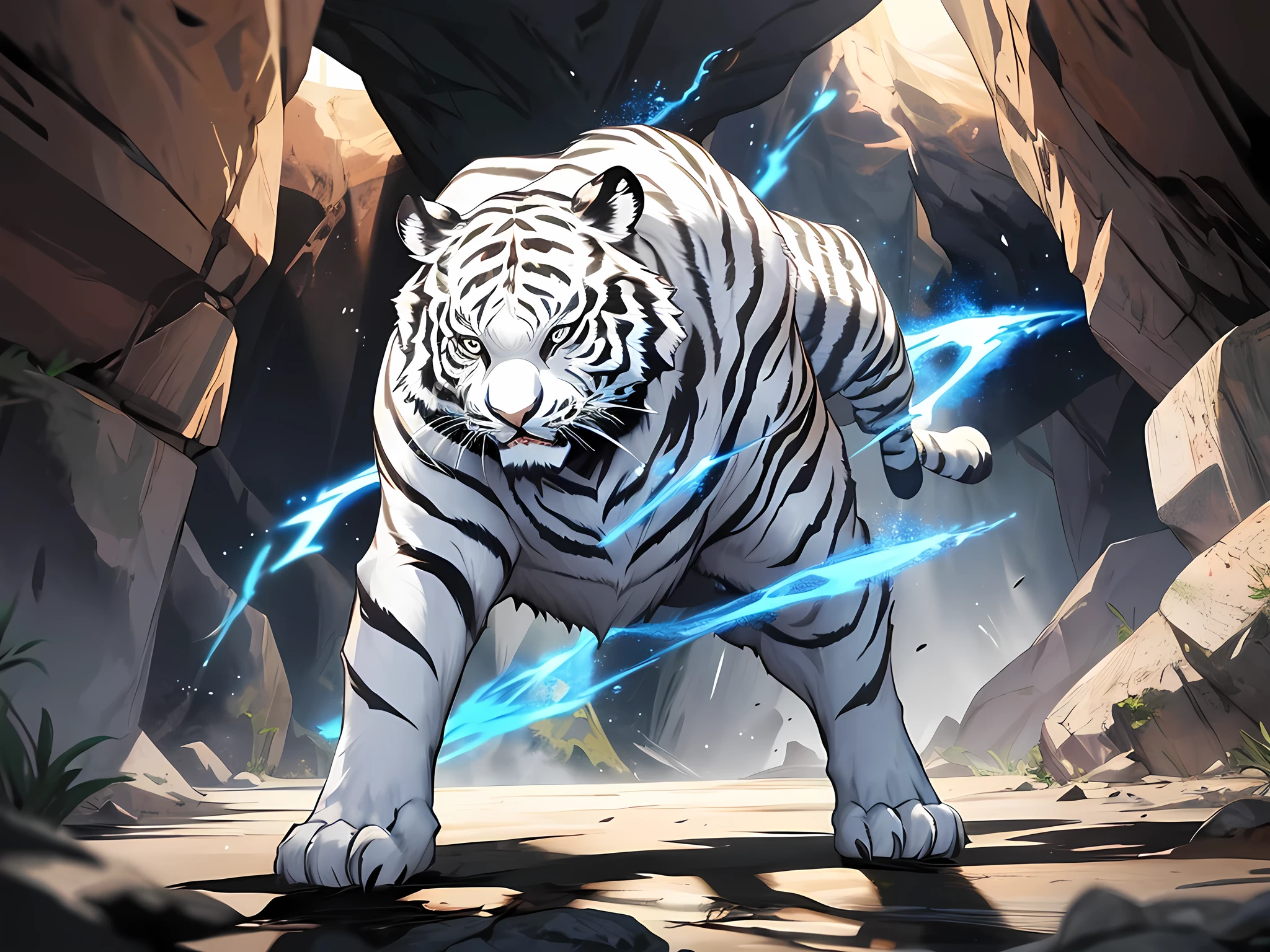 ((1 white tiger)), angry, straching, strong, with aura, overpower, supranatural, isekai, fantasy, aura killer, straching, cave background, just one tiger on picture, in a fighting stance, to stand, blue aura