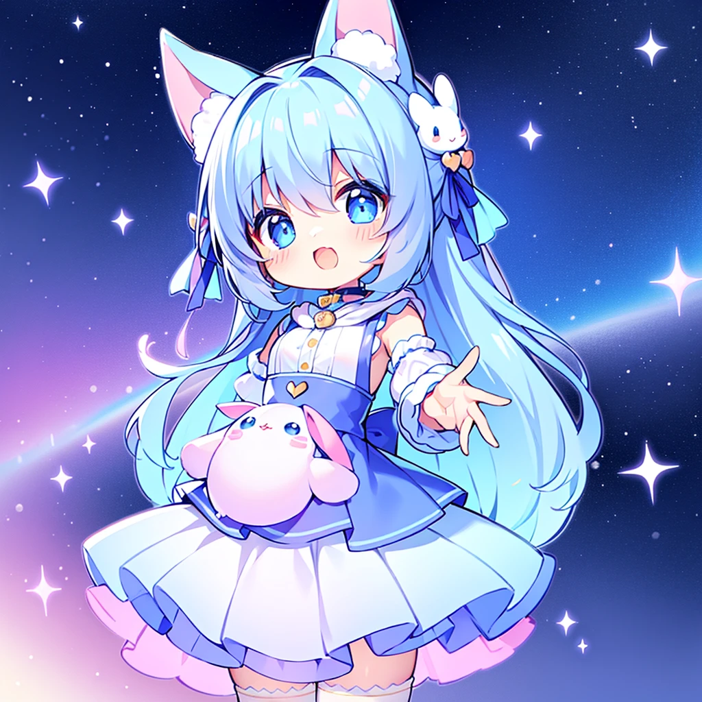 highest quality、Masterpiece、、Oji Art、16K、Ultra-detailed eyes、Chibi、kawaii tech、A blue rabbit costume with ears and a hood、joy、happy、really like、❤❤、A Kind World、fluffy、
