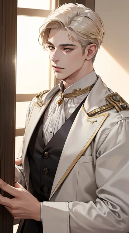 (best quality, masterpiece, 8K, photorealistic, cinematic lighting, 1:4 hdr image, top view, ultra detailed, beautiful image), a mature man, very handsome, short white hair, gold eyes, perfect face without errors , (CEO).Duke. Era vitoriana