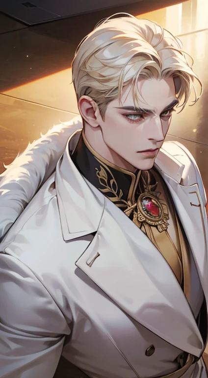 (best quality, masterpiece, 8K, photorealistic, cinematic lighting, 1:4 hdr image, top view, ultra detailed, beautiful image), a mature man, very handsome, short white hair, gold eyes, perfect face without errors , (CEO).Duke. Era vitoriana