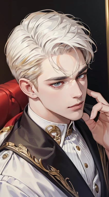 (best quality, masterpiece, 8K, photorealistic, cinematic lighting, 1:4 hdr image, top view, ultra detailed, beautiful image), a mature man, very handsome, short white hair, gold eyes, perfect face without errors , (CEO).Duke. Era vitoriana