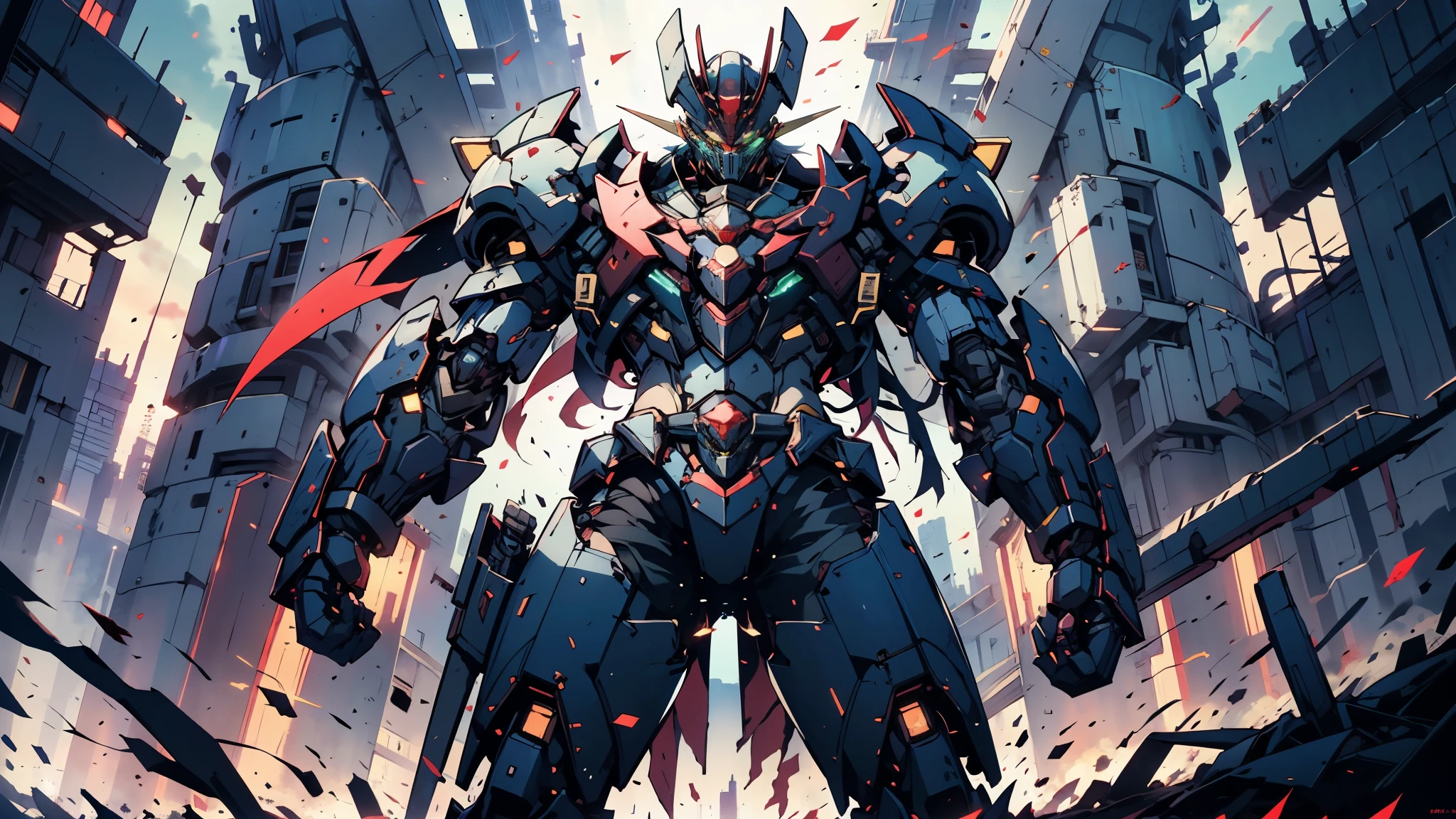 A man wearing a full-face helmet, a fantasy-style biotech armored combat suit, green eyes, (a composite layered chest armor), fully enclosed shoulder guards, matching arm and leg guards, the belt is adorned with Z mark, (the color scheme is primarily white with red and blue accents), the design balances heavy with agility, a high-tech bio-mecha armor, (Armor Concept Inspired by Mazinger Z, stand on the top of a skyscraper in a futuristic sci-fi city), this character embodies a finely crafted fantasy-surreal style armored hero in anime style, exquisite and mature manga art style, (battle damage, element, plasma, energy, the armor glows), ((male:1.5)), metallic, real texture material, dramatic, high definition, best quality, highres, ultra-detailed, ultra-fine painting, extremely delicate, professional, perfect body proportions, golden ratio, anatomically correct, symmetrical face, extremely detailed eyes and face, high quality eyes, creativity, RAW photo, UHD, 32k, Natural light, cinematic lighting, masterpiece-anatomy-perfect, masterpiece:1.5