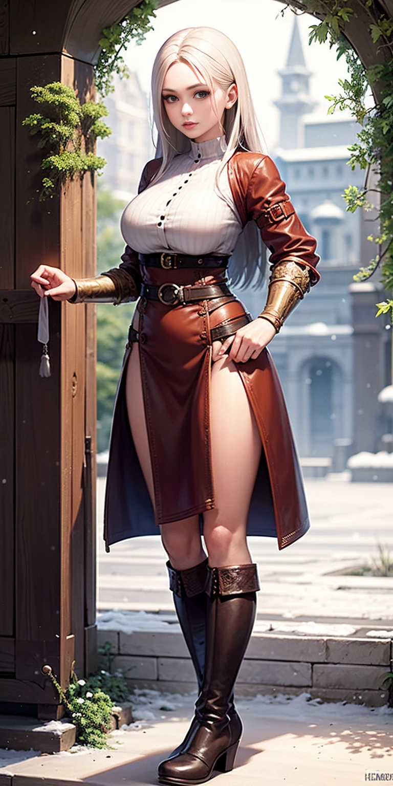 full body standing straight symmetrical, FEMALE warrior princess, big belt around waist, hair, very white skin like snow, wearing full HERBALIST CLOTHES, brown leather boots, HERBALIST outfit, MILF bimbo