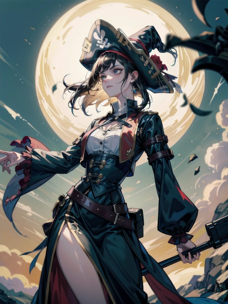 (Practical pirate clothing), Long-sleeved pirate top, Skirt, torn pirate hat, absurdres, RAW photo, extremely delicate and beautiful, masterpiece, Best Quality, ultra high resolution, 32k, hyperrealistic, ultra-detailed, detailed description, pale skin, 20 years old, tearful mole, earring, big tits, short medium hair, wavy hair, whole body shot,
