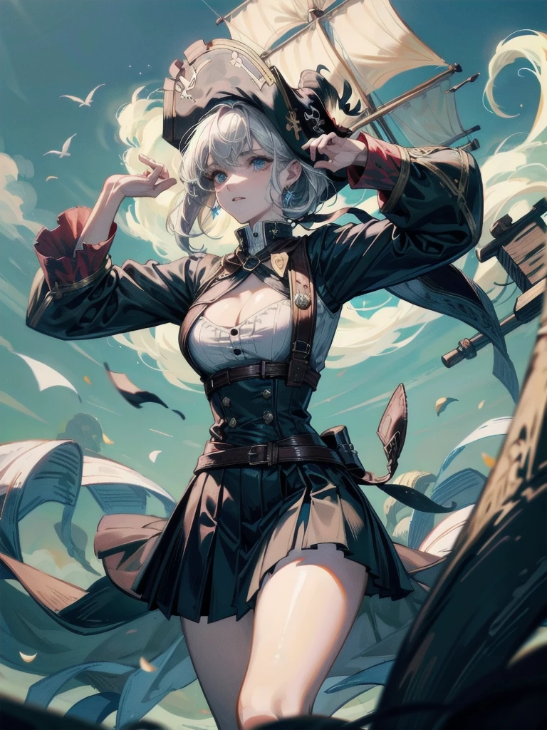 (Practical pirate clothing), Long-sleeved pirate top, Skirt, torn pirate hat, absurdres, RAW photo, extremely delicate and beautiful, masterpiece, Best Quality, ultra high resolution, 32k, hyperrealistic, ultra-detailed, detailed description, pale skin, 20 years old, tearful mole, earring, big tits, short medium hair, wavy hair, whole body shot,