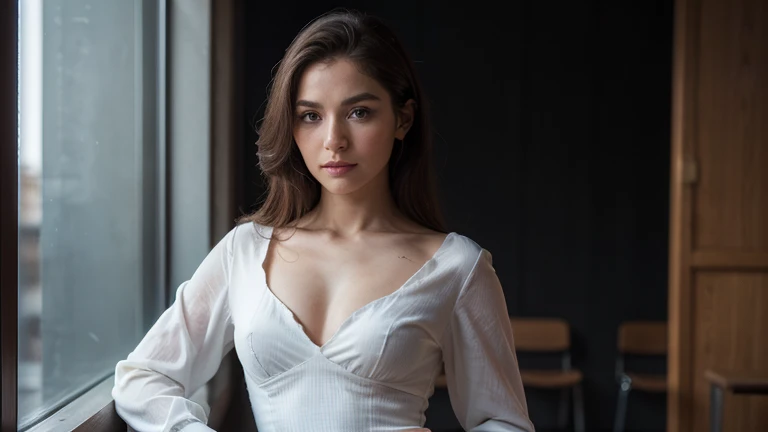 ((best quality, extremely detailed:1.8, hyperRéaliste:1.5, photorealistic:1.5, grande profondeur de champ, vue de face, very beautiful 35 year old woman in fitted tailored dress, devant un grand tableau noir )), ((femme debout habillée en blanc, intelligent and refined woman, she has a serious pose)),((Dans une salle de conférence une physicienne intelligente donne un cours, elle est devant un immense tableau noir où sont écrits beaucoup d'équations mathématiques et beaucoup de schémas scientifiques, corps entier, le tableau recouvre tout le mur, chalk writing)), general relativity equations, quantum mechanics riding, schrodinger equation:1.6, chalk diagram of atomic orbitals:1.1, orbitale atomique 3dz2,  ((detailed woman face looking at camera, yeux bleus, White clothes)), (photorealistic), sharp eyes, (elle porte une longue blouse blanche de chimiste décolletée), poitrine push-up, very thin waist, jambes longues, longues jambes,  fine and detailed hands, detailed hairstyle, very long hair, White clothes, habits blanc, vêtue de blanc, femme de 35 ans charismatique, charisme, charismatique, sparkling eyes