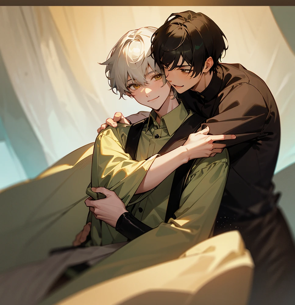Two young men hugging.one is beautiful ,18years old with white short hair and green eyes with cute smile.the other is serious characterized ,23years old with black wolfy haircut and yellowish brown eyes,smiling with soft smile