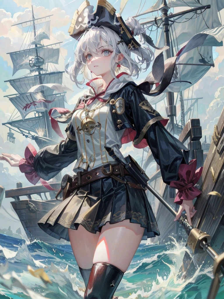 (Practical pirate clothing), Long-sleeved pirate top, Skirt, torn pirate hat, absurdres, RAW photo, extremely delicate and beautiful, masterpiece, Best Quality, ultra high resolution, 32k, hyperrealistic, ultra-detailed, detailed description, pale skin, 20 years old, tearful mole, earring, big tits, short medium hair, wavy hair, whole body shot,