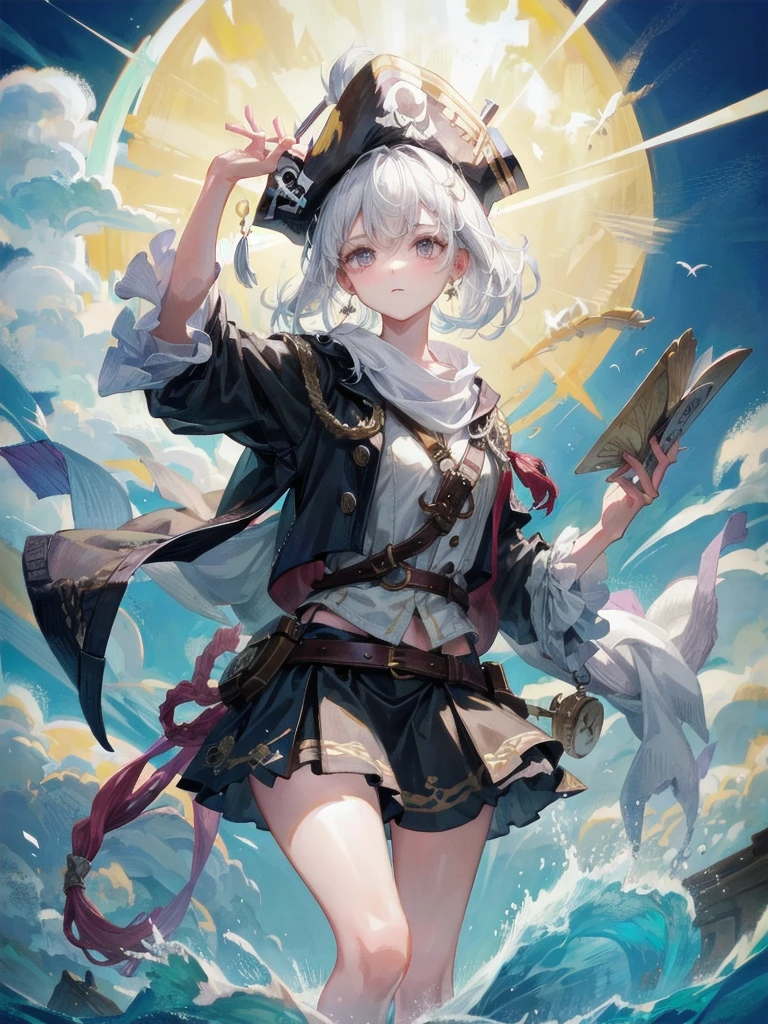 (Practical pirate clothing), Long-sleeved pirate top, Skirt, torn pirate hat, absurdres, RAW photo, extremely delicate and beautiful, masterpiece, Best Quality, ultra high resolution, 32k, hyperrealistic, ultra-detailed, detailed description, pale skin, 20 years old, tearful mole, earring, big tits, short medium hair, wavy hair, whole body shot,