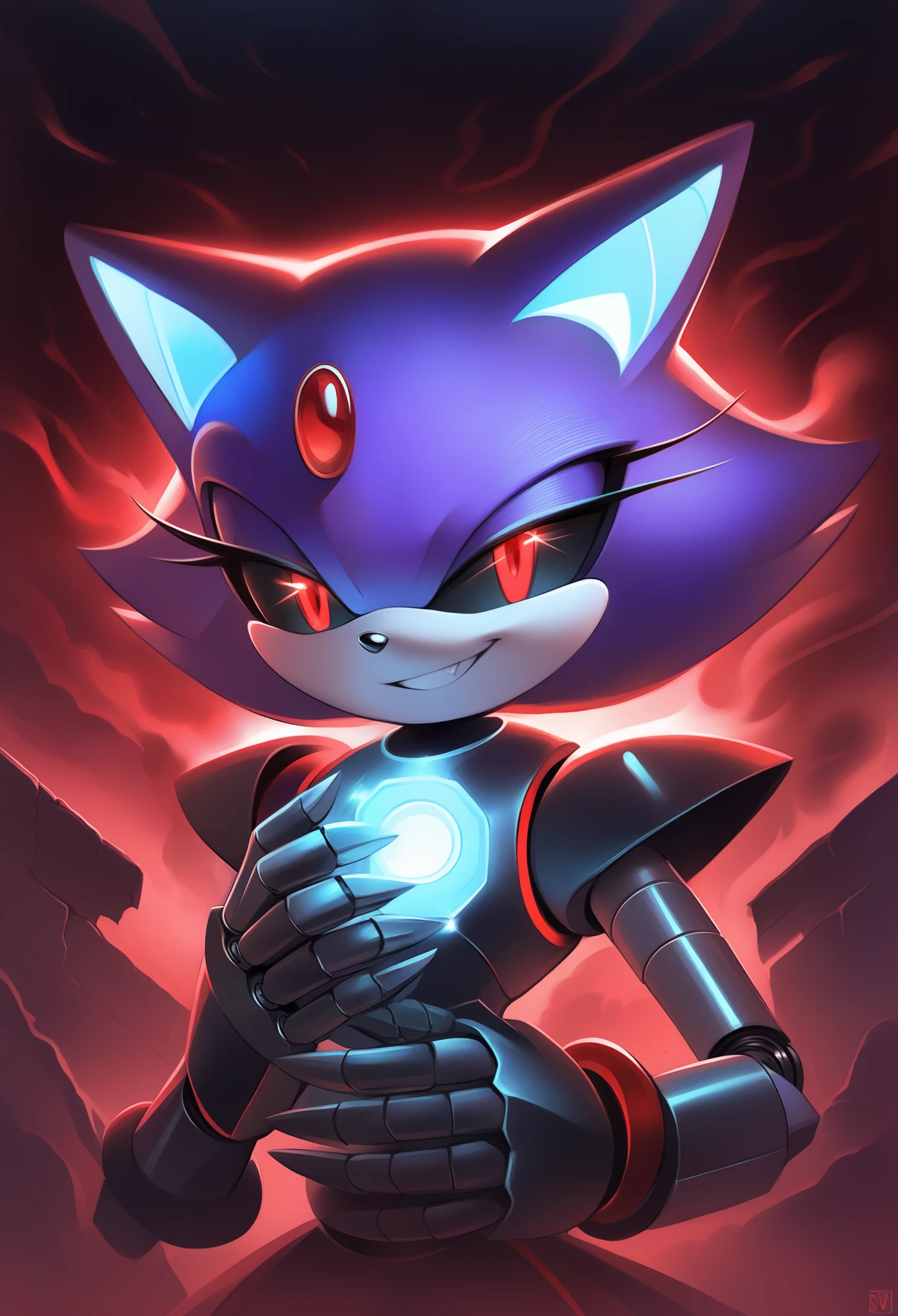 score_9, score_8_up, score_7_up, blaze the cat from sonic the hedgehog, glowing red eyes, wispy hair, pillars of smoke, made out of smoke, ghost-like, demonic appearance, holding a small teal glowing metal square in her hand, smiling evilly, malicious look, swirling cloudy misty background, creepy, stunning visual,, robot, mechanical parts, black sclera, red eyes, robot joints, metal claws,, robot girl, mecha, detached limbs, detached arms, detached legs, mechanical parts,, android, 1girl, metal skin, shiny skin, metal clothes, armored dress