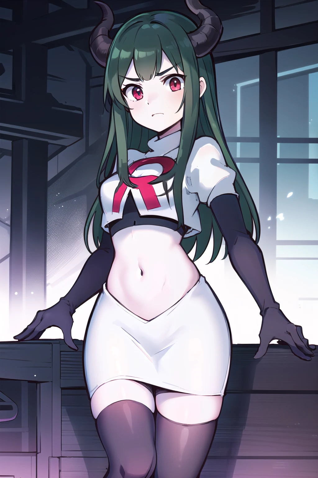 masterpiece, 1girl, simmer, green skin, colored skin, green hair, red eyes, horns, team rocket,team rocket uniform,white skirt,red letter R,crop top,black thigh-highs,black elbow gloves