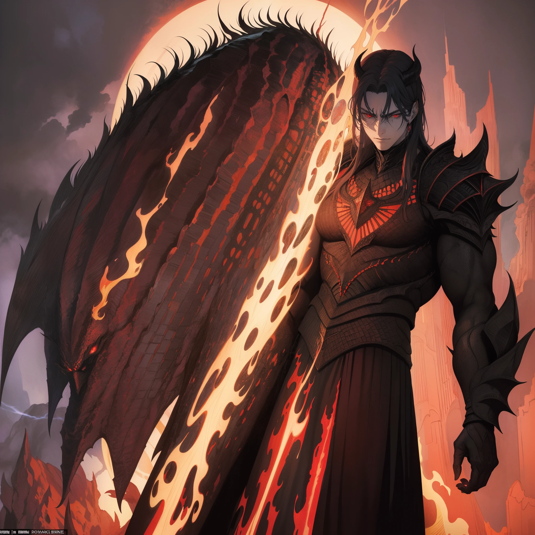 Create an image of a character inspired by Trigon, Raven's father from Titans, in the anime style. This character should exude an imposing demonic presence, with a robust musculature, red skin, and four glowing eyes that radiate demonic energy. Long, curved horns should adorn his head, and a dark and crimson aura should surround him, symbolizing his manipulation of black magic.
Witness him in a sinister and intricate armored attire, adorned with gothic and runic elements, enhancing his demonic nature and immense power. The background should be a dark and infernal landscape, filled with fire, smoke