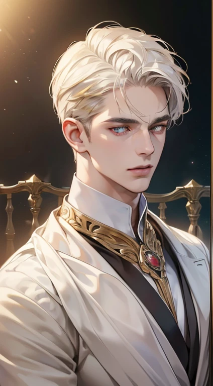 (best quality, masterpiece, 8K, photorealistic, cinematic lighting, 1:4 hdr image, top view, ultra detailed, beautiful image), a mature man, very handsome, short white hair, gold eyes, perfect face without errors , (CEO).Duke. Era vitoriana