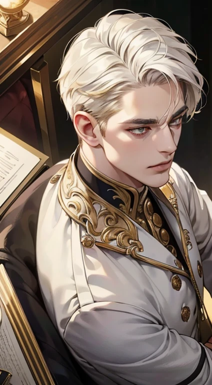 (best quality, masterpiece, 8K, photorealistic, cinematic lighting, 1:4 hdr image, top view, ultra detailed, beautiful image), a mature man, very handsome, short white hair, gold eyes, perfect face without errors , (CEO).Duke. Era vitoriana