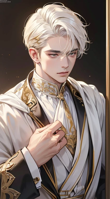 (best quality, masterpiece, 8K, photorealistic, cinematic lighting, 1:4 hdr image, top view, ultra detailed, beautiful image), a mature man, very handsome, short white hair, gold eyes, perfect face without errors , (CEO).Duke. Era vitoriana