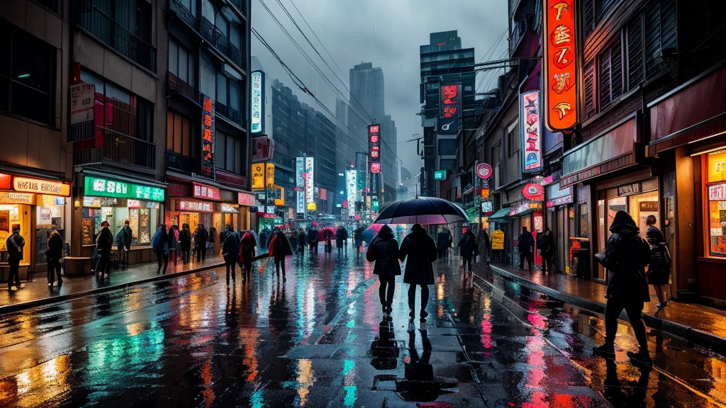 Picture a moody anime street scene on a rainy night in the city. The street glistens with reflections of neon signs and streetlights in the puddles. Umbrellas of various colors dot the sidewalk as people hurry by, and the warm glow from a ramen shop invites passersby to take shelter. The rain adds a reflective, atmospheric quality to the bustling urban environment.