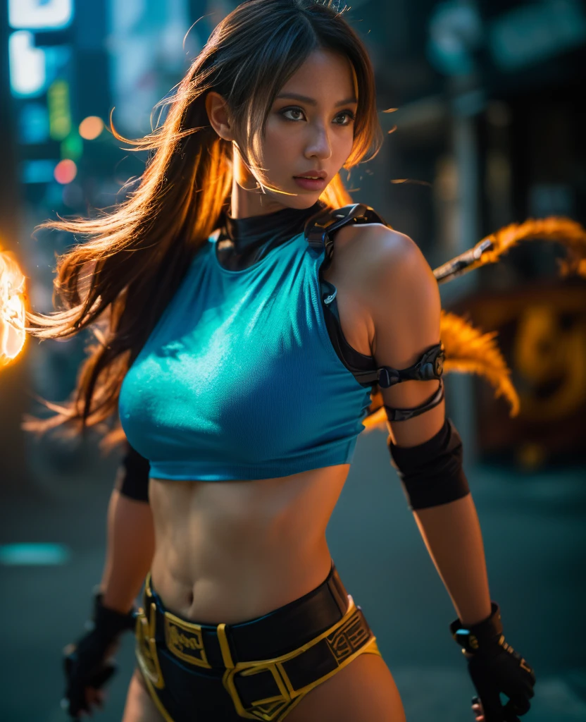 masterpiece, Best Quality (超High resolution photographic Low Angle shot,) ((In the middle of the city、beautifully、A stealthy and agile thief and adventurer, in a Dystopia city under attack, By humans who were supposedly injected with venomous snake DNA., The girl was under 19 years old., but、She could fight like she was born to fight., Natural Beauty, Amazingly beautiful, (((Ultra-fine-detailed fashion model looks and figure))), length, detailed, Flowing ponytail)), ((holding a length dagger:1.5 and .50 Desert Eagle)), Sharp curved blade, Dressed in leather and ready for battle, Scrap metal and fur-lined clothing that leaves little to the imagination, In keeping with the local tribes. (((Her extremely toned body exuded a bright blue glowing aura., If that happens、Bright enough to light up the streets at night, From her body in every direction))), Wide-angle lens F/1.8, Scary battle images, Magical bright blue energy rays, Earth Explosion, Fire and Smoke, Swordplay, Exciting action, Sharp Eyes, super high quality, Ultra-fine detail, Dystopia, Post-apocalyptic setting, Movie stills, masterpiece, 可能な限りBest Quality, The highest possible resolution, 8k, Ray Tracing, High resolution, 超High resolution, Volumetric lighting, An absurd solution, テクスチャのdetailed, Great composition and lighting, Golden Hour, Three-part method, God&#39;s Rays, God Particle, Unreal Engine 5, Unity Engine, Blender, Corona Rendering, Octane Rendering, masterpiece, 最大のdetailed, Full Body Shot, Full Shot, Wide-angle lens, Low Angle