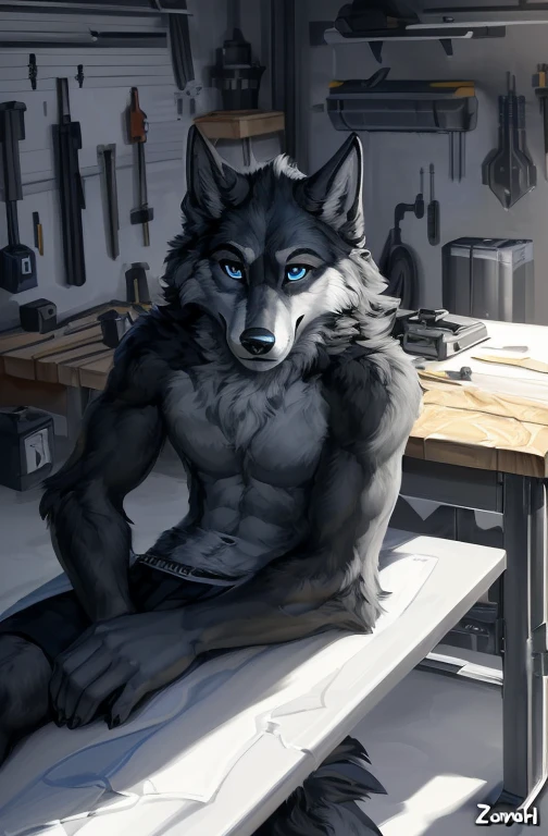 , (((ditigal art style, cartoon, A furry character wolf thats mostly gray with some black fur on his back and legs with a white torso his head has black and white fur and has dog/wolf like ears which has black fur on it
And his tail is a combination of black white and gray fur With blue eye
With blue eyes wearing black shorts, detailed, uploaded to e621, beautiful and detailed portrait of an anthropomorphic , (((male))) uploaded to e621, zaush, foxovh, movie lighting, , thicc, alone, in a garage on top of a workshop bench table, laying down on it
