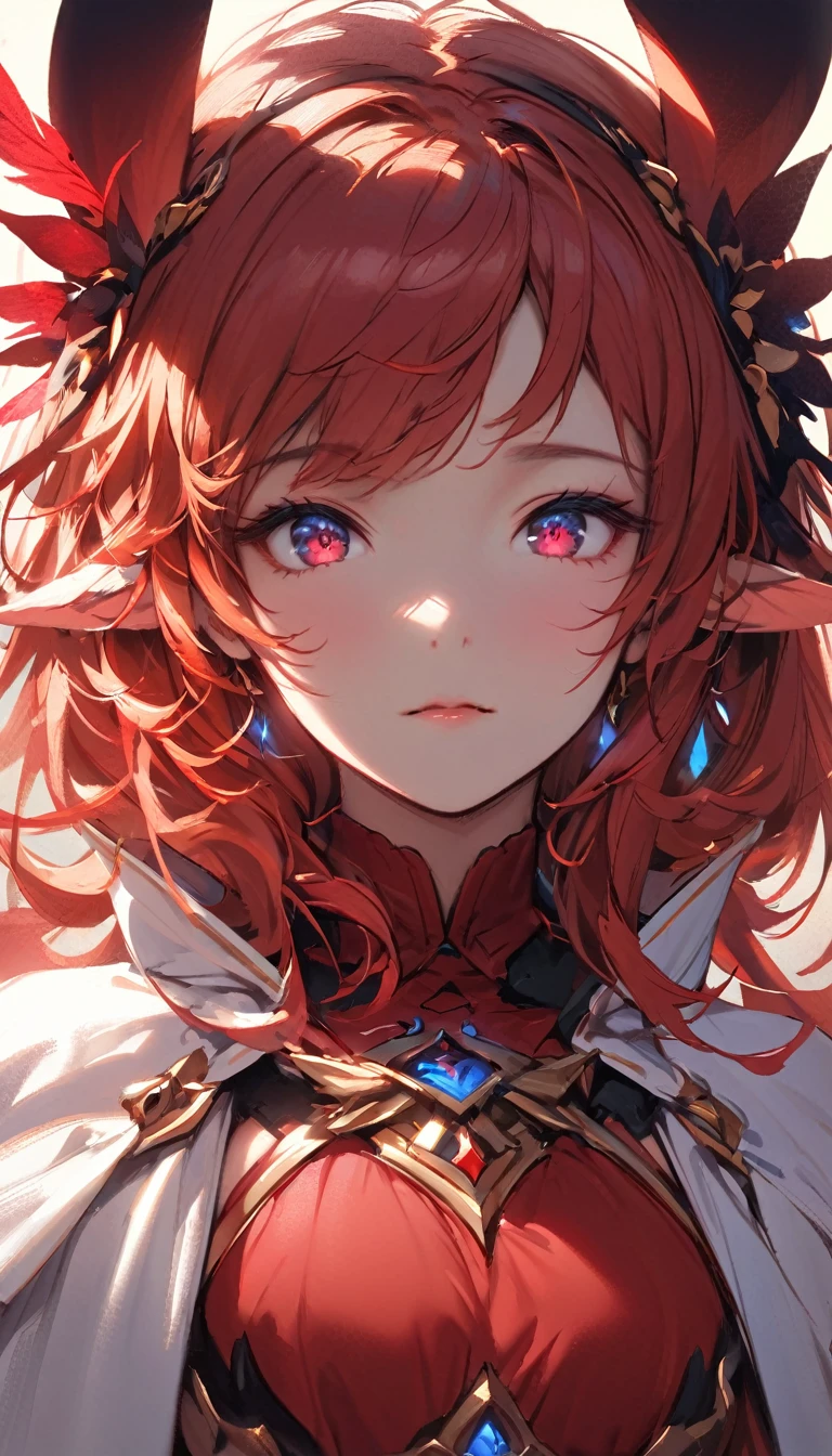 (masterpiece), (best quality:1.4), (perfect anatomy:1.4), high quality, expressive eyes, portrait, detailed face, beautiful face, perfect face, {1 girl}, Rhode appears as a delicate and ethereal creature, her skin luminous with a faint glow reminiscent of moonlight. Her hair is a vibrant shade of red, cascading in loose waves around her shoulders. Her eyes, hazel and glowing softly, seem to hold the wisdom of the ages. The most striking feature of her small fairy form is the pair of rabbit ears that adorn her head, resembling those of a mountain hare. These ears twitch and swivel, attuned to the slightest sounds of the forest.