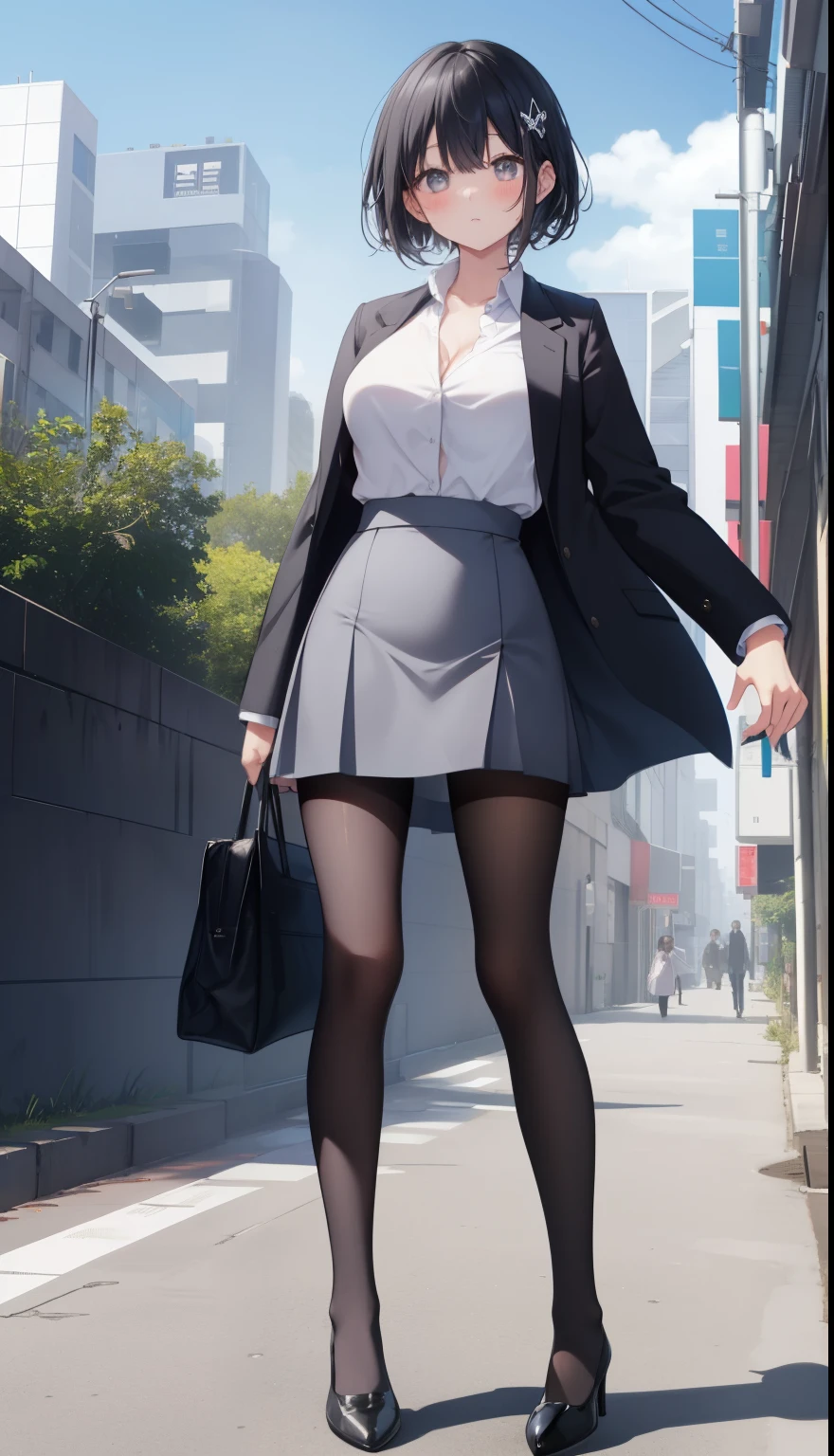 One Girl、positive、Standing posture、Full body portrait、Black Hair、Medium Haircut、blush、Absolute area、Black knee-high socks、Knee-length、stockings、Black Pantyhose、White underwear、Light blue shirt、Blue-gray business suit、Grey tight super mini skirt、Japanese office lady、Summer clothes、classroom、Standing at the podium、Daytime、（Very large breasts）、Cleavage、open chest shirt、((Lesbians all over the world))、masterpiece、（highest quality）、
Panties around the ankles、Black high heels、Shirt buttons fly off、The wind blows up my skirt、hold the skirt with both hands