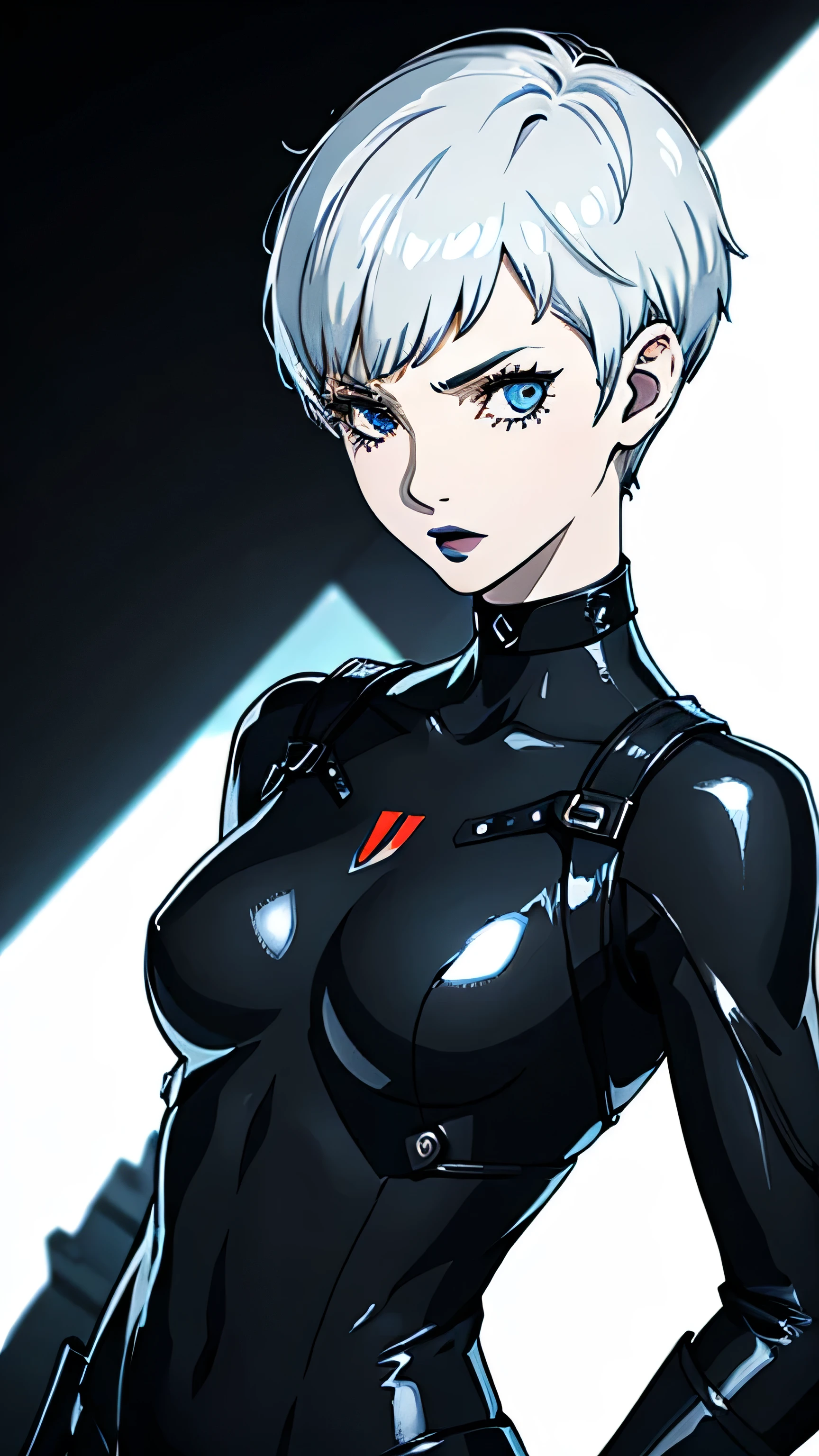 1girl, serious face, lipstick, white hair, blue eyes, Pixie hair cut, Black battle suit, black choker, Black lipstick, shaved hair, tomboy Pixie haircut, dynamic pose,
