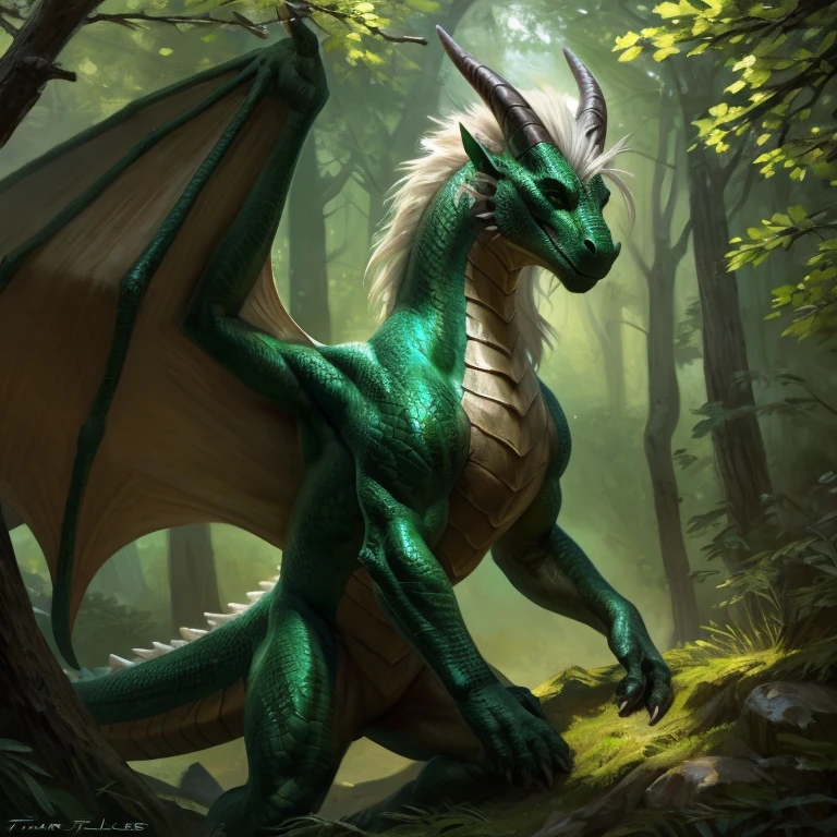Detailed painting, by Taran Fiddler, solo, dragon, full body, feral, forest, dragoness, gentle, shimmering green scales, slender body, ((long snout)), curved horns, long hairlike white mane, wings, deep green eyes
