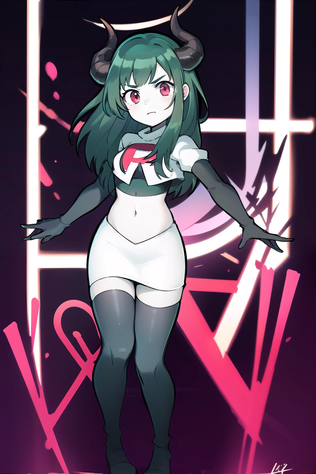 masterpiece, 1girl, simmer, green skin, colored skin, green hair, red eyes, horns, team rocket,team rocket uniform,white skirt,red letter R,crop top,black thigh-highs,black elbow gloves