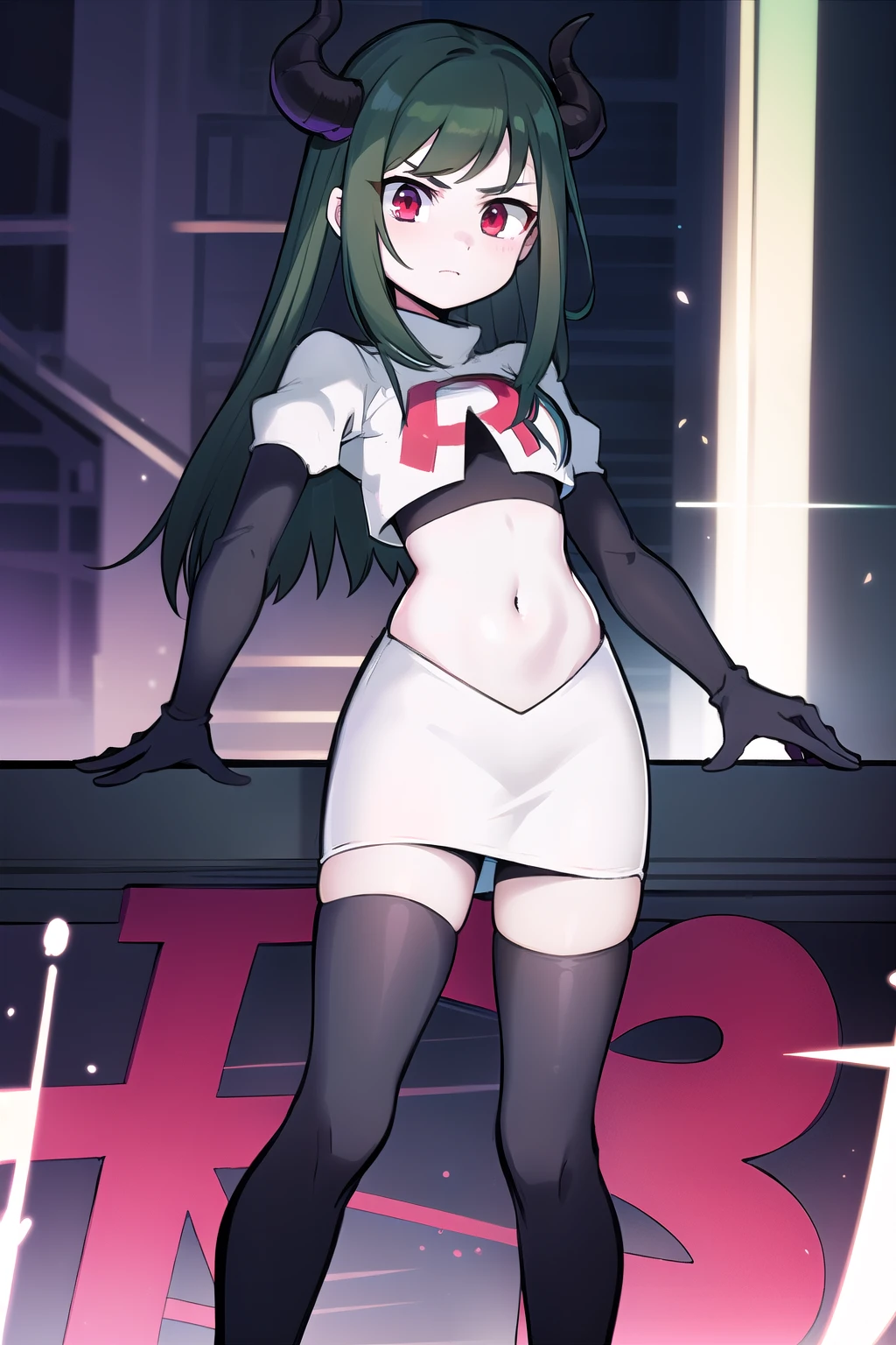 masterpiece, 1girl, simmer, green skin, colored skin, green hair, red eyes, horns, team rocket,team rocket uniform,white skirt,red letter R,crop top,black thigh-highs,black elbow gloves