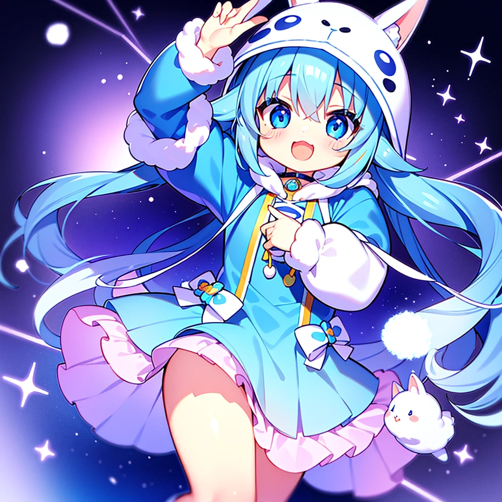 highest quality、Masterpiece、、Oji Art、16K、Ultra-detailed eyes、Chibi、kawaii tech、A blue rabbit costume with ears and a hood、joy、happy、really like、❤❤、A Kind World、fluffy、Border、