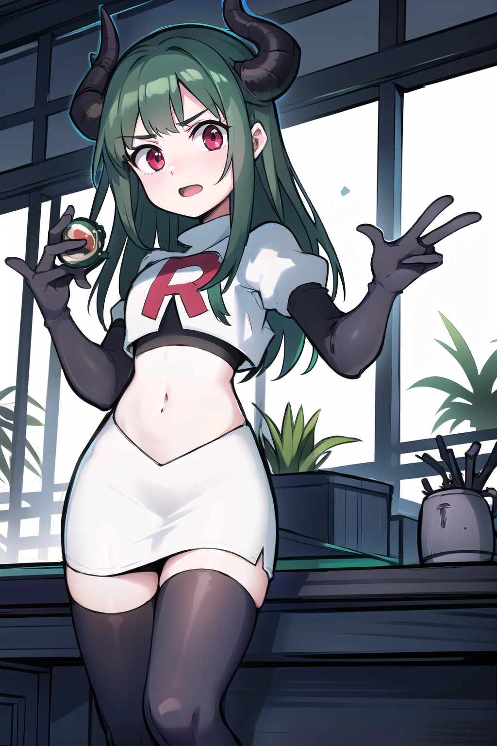 masterpiece, 1girl, simmer, green skin, colored skin, green hair, red eyes, horns, team rocket,team rocket uniform,white skirt,red letter R,crop top,black thigh-highs,black elbow gloves