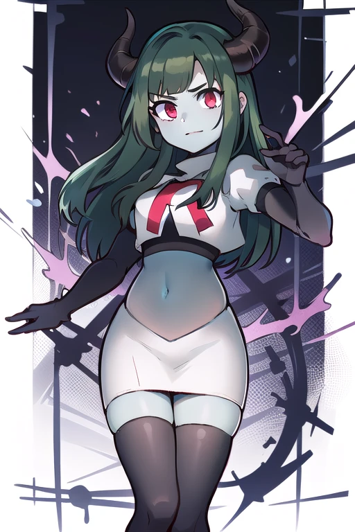 masterpiece, 1girl, simmer, green skin, colored skin, green hair, red eyes, horns, team rocket,team rocket uniform,white skirt,red letter R,crop top,black thigh-highs,black elbow gloves