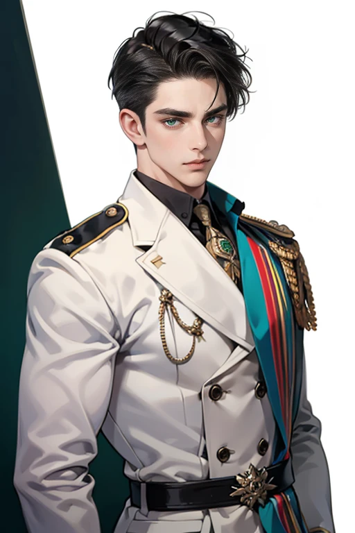 masterpiece close-up shot of a man, he has short black Quiff hair with Soft Fringe (bangs part on side 3:7 ratio), (green eyes), cold look, sharp eyes, stern face, aristocratic appearance, background, white background, taller man, 36years old, wearing police chief uniform, police chief, man police uniform, HD quality, man police chief, masculine, badass