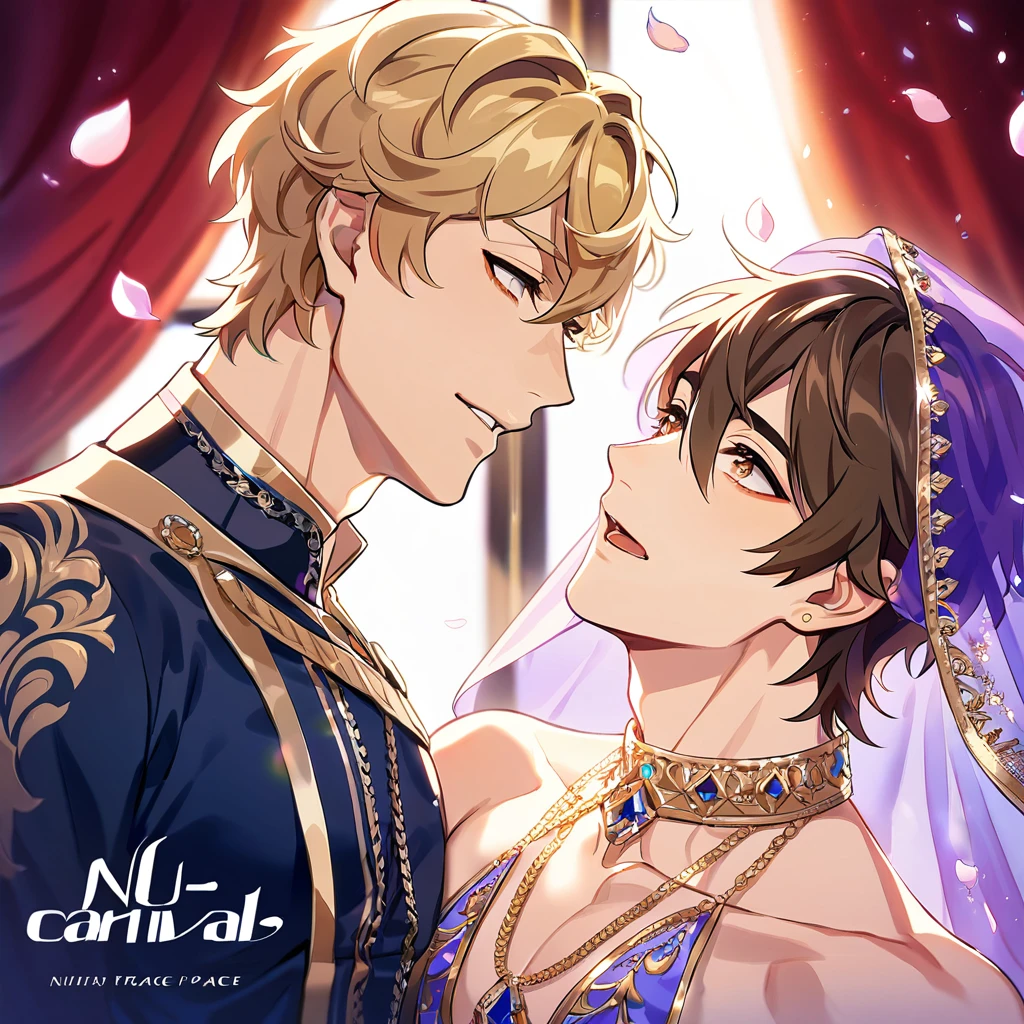 absurdres, highres, ultra detailed, HDR, master piece, best quality, perfect face, beautiful eyes, delicate features, Eiden, brown hair, expressive brown eyes, Nu Carnival, Quincy, messy blonde hair, expressive amber eyes, two men together, gay couple, yaoi, handsome, bedlah clothes, purple veil, window, castle, red curtains, petals, chandelier