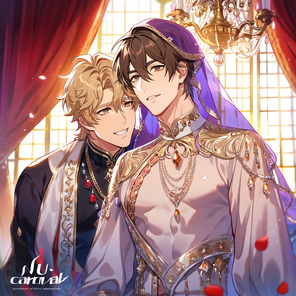 absurdres, highres, ultra detailed, HDR, master piece, best quality, perfect face, beautiful eyes, delicate features, Eiden, brown hair, expressive brown eyes, Nu Carnival, Quincy, messy blonde hair, expressive amber eyes, two men together, gay couple, yaoi, handsome, bedlah clothes, purple veil, window, castle, red curtains, petals, chandelier