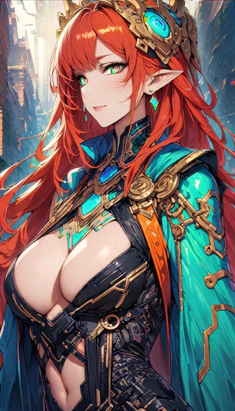 8k_wallpaper, extremely detailed eyes, extremely detailed body, (large masterpiece digital art), (detailed manga illustration), (detailed line art), ((perfect anatomy)), (intricate details:1.3), (ultra-detailed:1.3), (illustration:1.3), (sharp focus:1.3), (natural lighting:1.05), (vivid colors:1.3), high quality, expressive eyes, detailed face, beautiful face, perfect face, 1 girl, In her human-sized form, Rhode bears a striking resemblance to a mortal woman, with the exception of her pointed ears, which she conceals beneath her mane of red hair. Her features are delicate yet regal, with high cheekbones, a straight nose, and full lips. Her eyes retain their hazel color and faint glow, lending her an otherworldly allure. Her hair falls in thick waves around her shoulders, framing her face in a fiery halo.