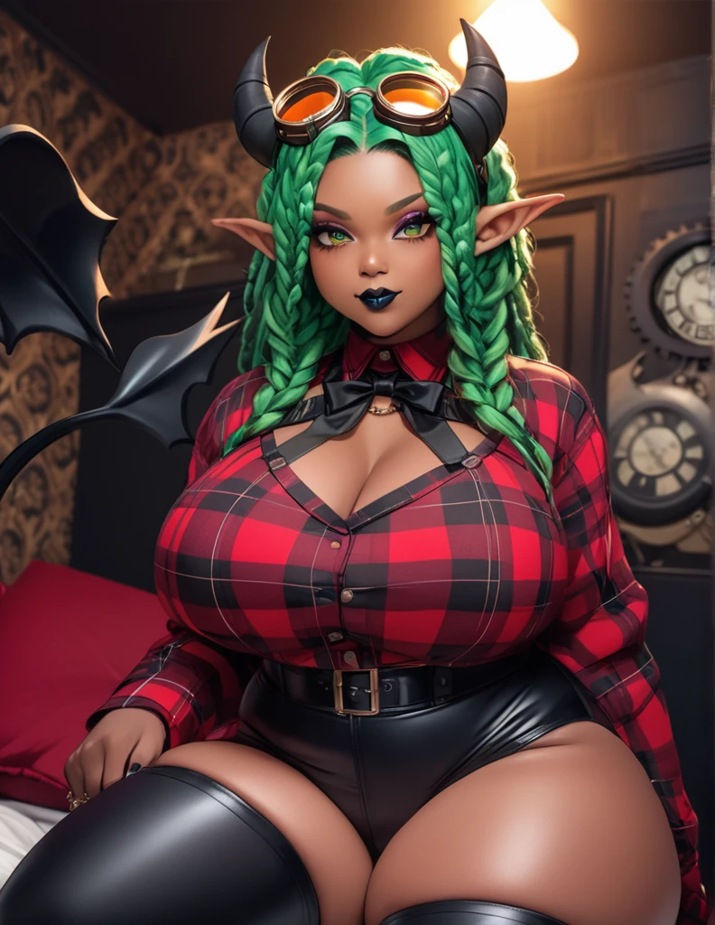 dark skin, brown skin, black femboy, dark skinned femboy, ebony skin, green buns hair, he has green space dreadlocks, green buns hair, circle glasses, circle glasses, sexy goth crop flannel outfit, goth outfit, plus sized, he is plus sized, thick, curvy, fat, he is fat, curvy, brown skin, big butt, huge butt, thigh high socks, pouting, hazel eyes, dark bedroom background, round face, thigh high socks, big ass, best quality, goth room background, pointed elf ears, forked demon tail, he has demon tail, small demon horns, ahaego face, aheago face, close up, black lipstick, sitting on bed, best quality, highest quality, ultra quality, smiling, goggles on head, steampunk goggles, cropped red flannel shirt