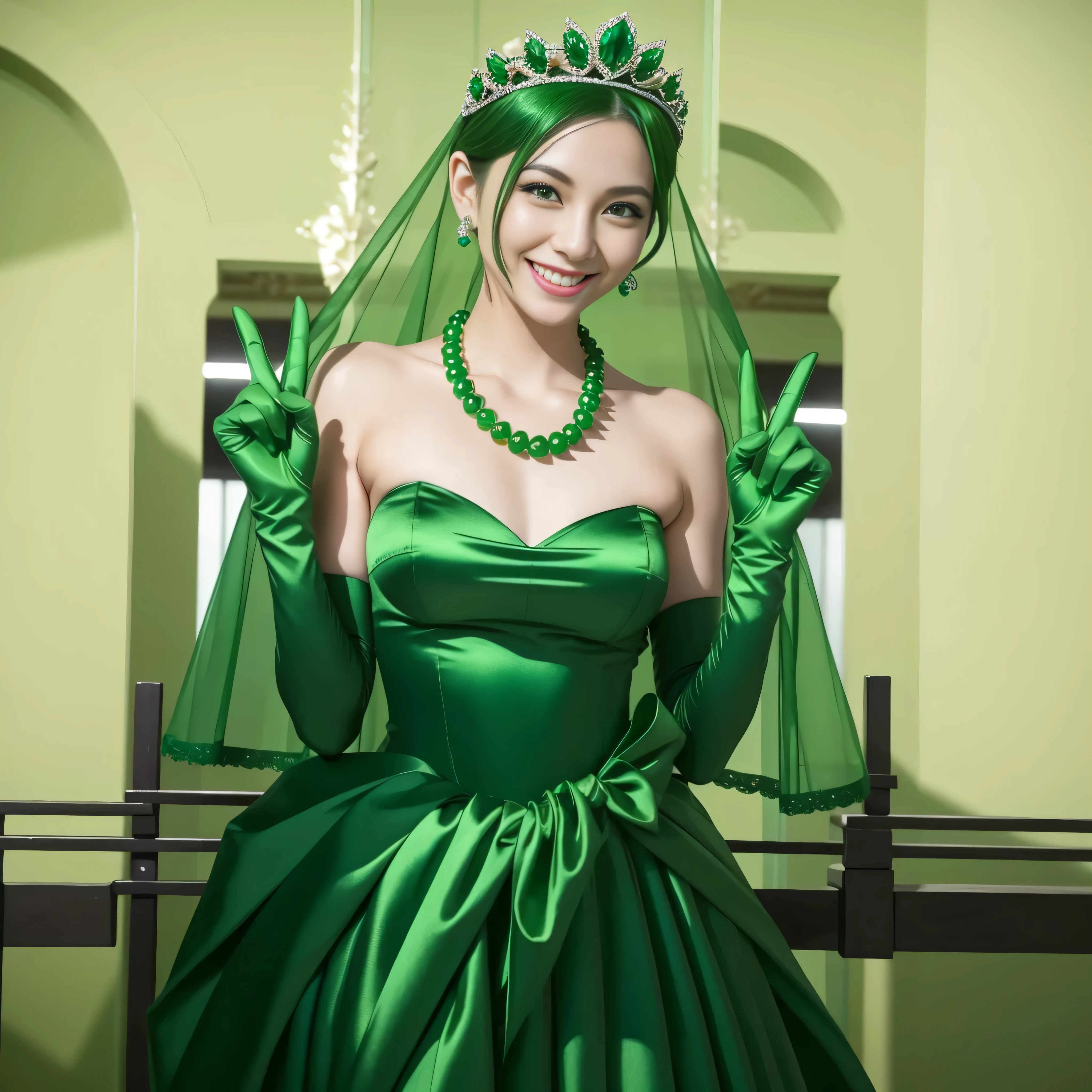 Emerald tiara, Green Pearl Necklace, Boyish very short green hair, lipstick, Smiling Japanese woman, Very short hair, Big and beautiful, Green Eyes, Long green satin gloves, Green Eyes, v sign, Emerald Earrings, Green veil