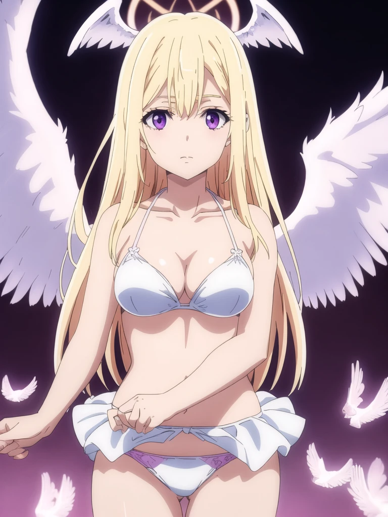 1girl, purple color eyes, looking at viewer, solo, white bikini, cleavage, angel, angel wings, collarbone, feathered wings, white wings, blonde hair, standing, perfect quality, good quality, masterpiece, HDR, UHD