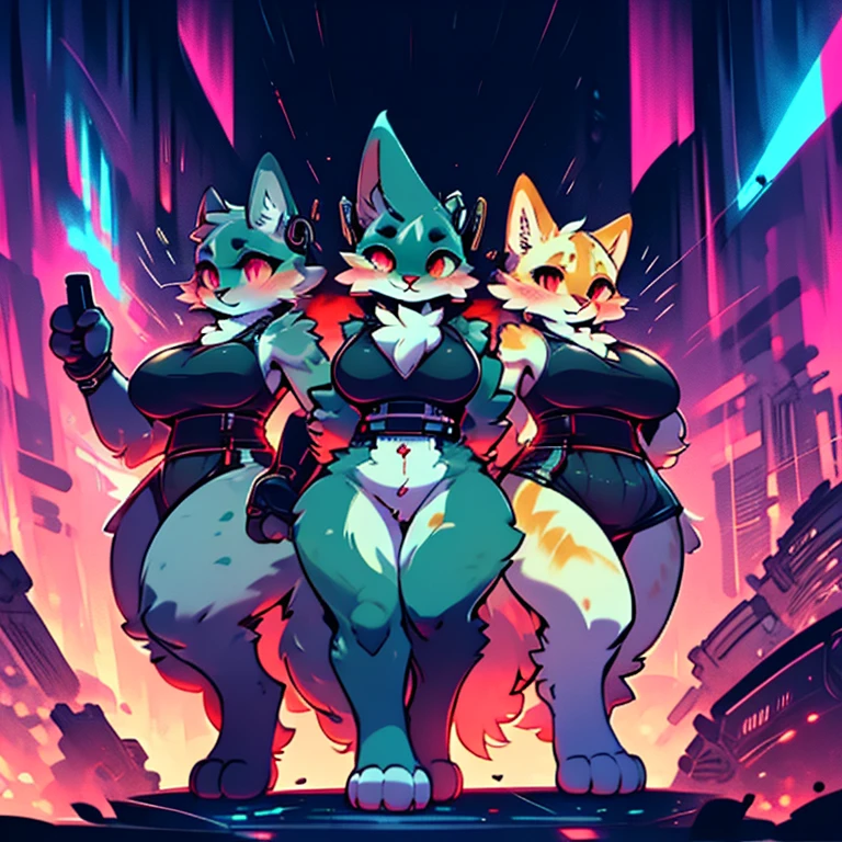 any outfit, any pose, cat, any fur color, any fur pattern, any eye color, and pupil color and shape, ruined and abandoned city, looking at user, any view, any place, full body, massive breasts and hips, undersized or oversized outfit, armed or unarmed, doing anything, tall, adult, full face blush, glowing eyes, any weapon, athletic, scifi headphones [any color], ammo belt, night, rooftop or ground, any expression, doing anything, run-down scifi billboards, 3girls, fluffy tail, massive butt, outfit tearing, naked, scifi